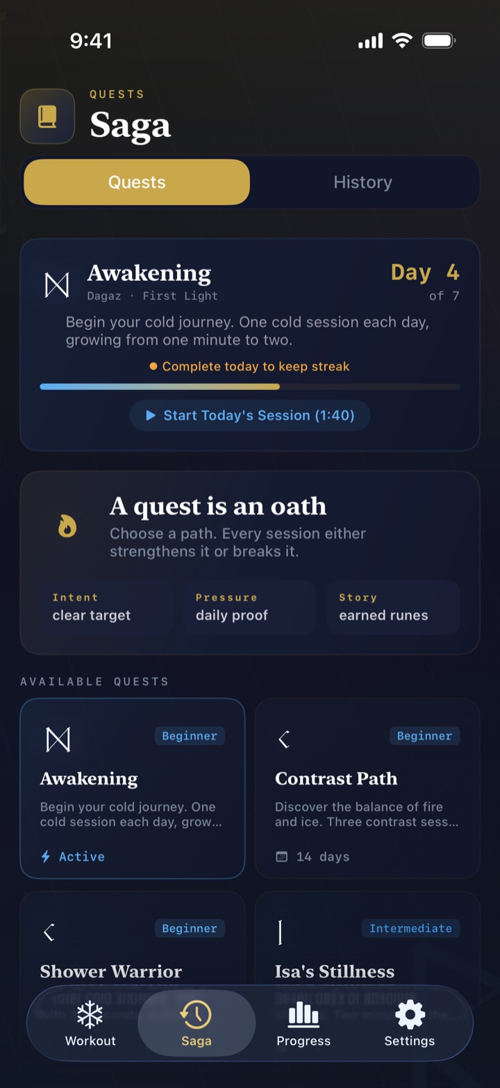 TrackCold session history (Saga) screen with quest progress and recent plunges.