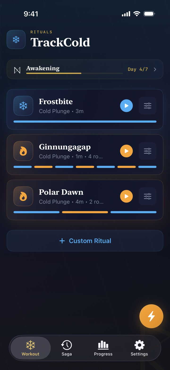 TrackCold workout screen with saved rituals, including Ginnungagap, a four-round contrast ritual.