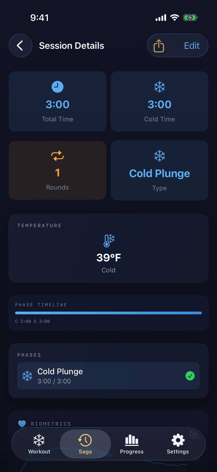 TrackCold session details on iPhone: total and cold time, rounds, water temperature, and phase timeline.