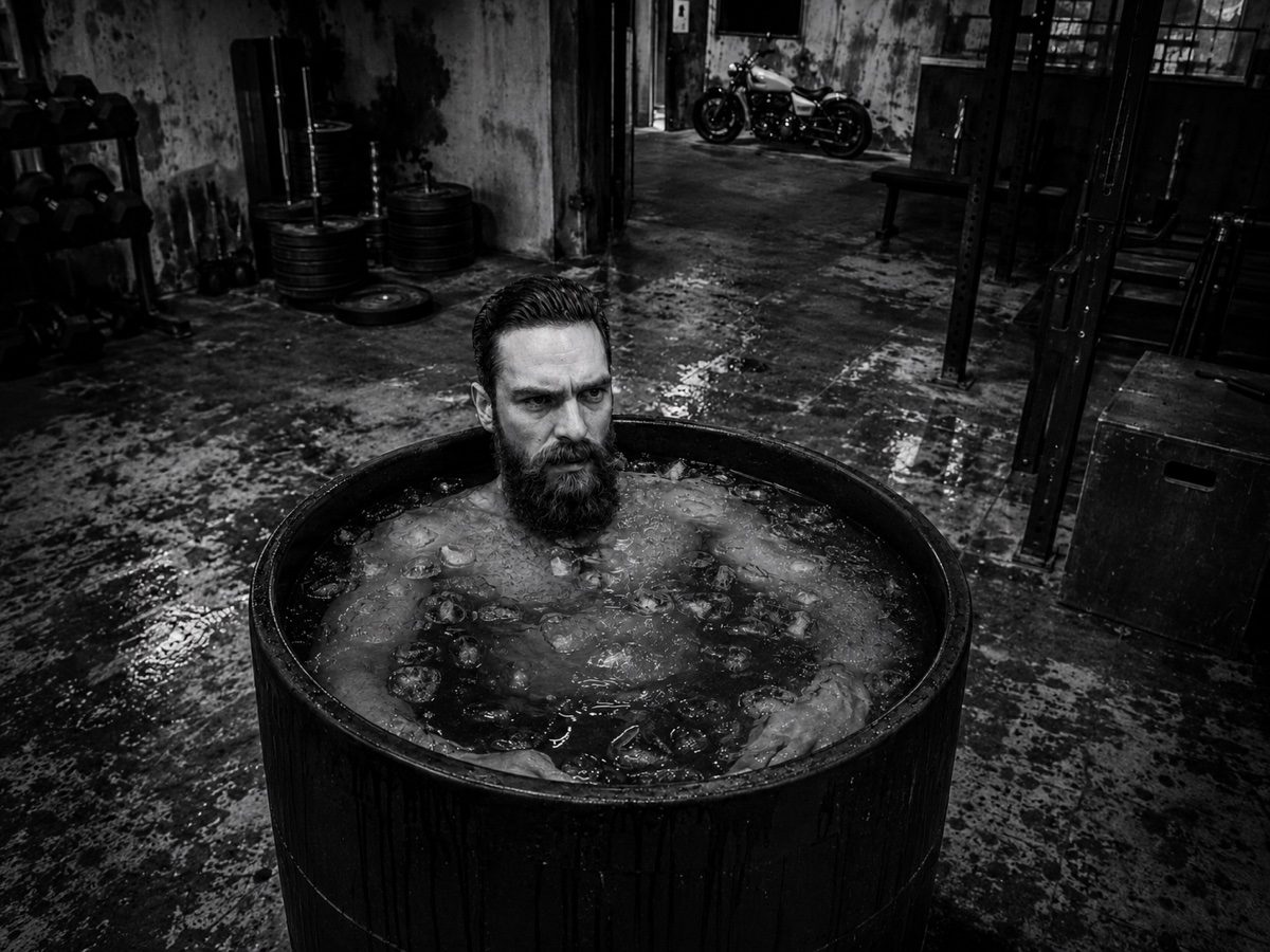 Artyom Sklyarov, founder of TrackCold, in an ice bath in a workshop with a motorcycle in the background — black-and-white editorial portrait.