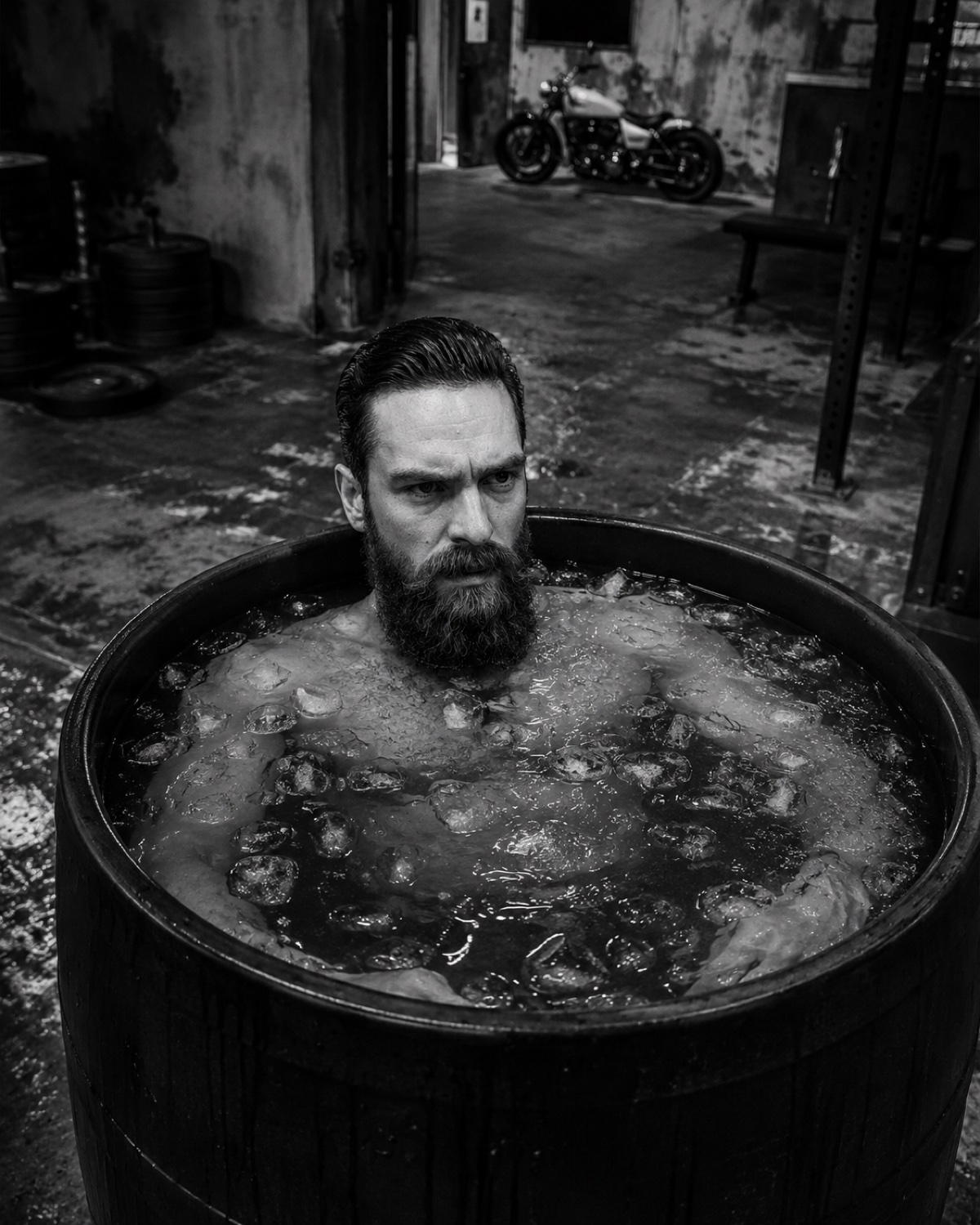 Artyom Sklyarov — founder of TrackCold, photographed in black and white in an ice bath.